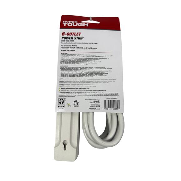 NIB Hyper Tough Indoor 6-Outlet Power Strip with 8ft Cord, 15A ,125V White - Picture 2 of 2
